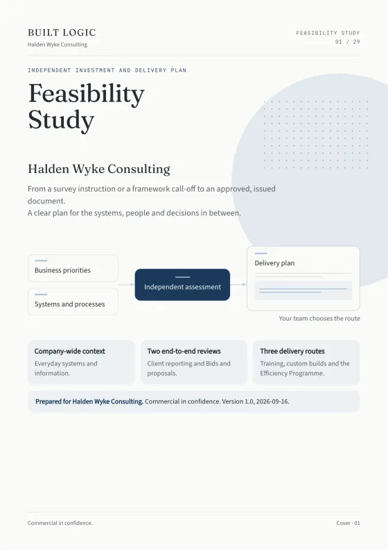 Cover page of the Feasibility Study for a building consultancy: an independent investment and delivery plan.