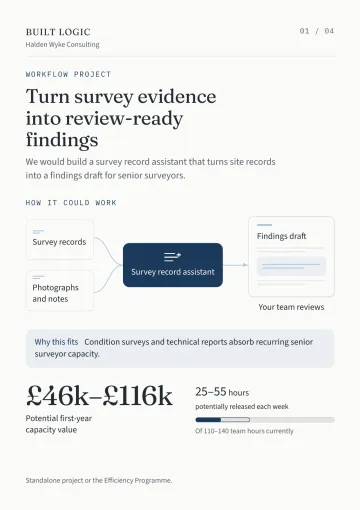 Page one of the AI Action Plan: a workflow project, turning survey evidence into review-ready findings.